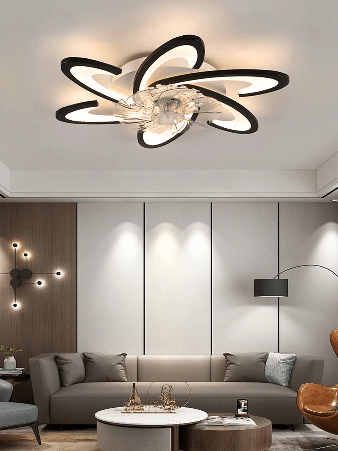 Modern Black Flower Ceiling Fan With Light, Flush Mount LED Ceiling Fan Light With Remote Control, Dimmable For Bedroom And Living Room - Multicolor - View 1
