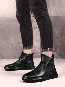 Botines de hombre antideslizantes y amortiguadores de otoño,Botas de hombre con cremallera lateral de cuero negro brillante ,High-top botas antideslizantes resistente al desgaste, cómodo casual transpirable suela gruesa botas de los hombres, de interior y al aire libre cuatro estaciones se puede usar Botas de hombre - Negro - Ver 3