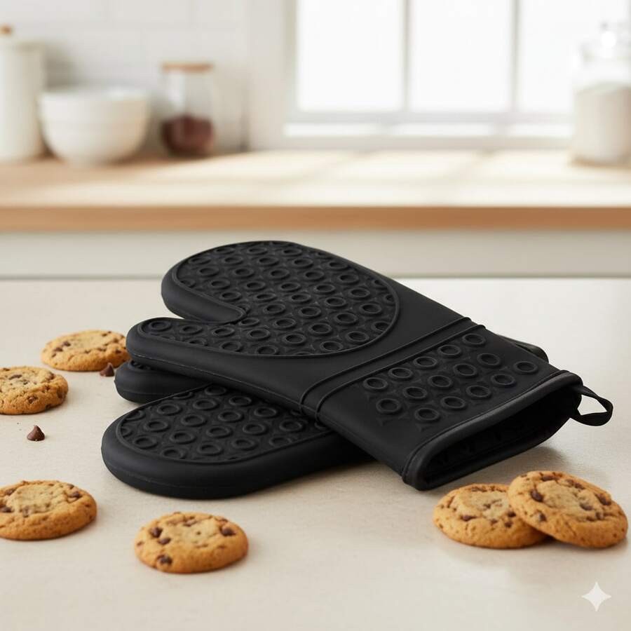 2 Black Silicone Gloves Thermal Non-Slip Oven Stove And Freezer Gloves Lined And Textured With Strap Long Sleeve Pair Of Gloves - 黑色 - 查看 1