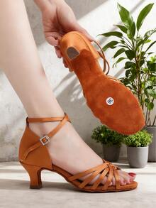 Nuove scarpe da ballo in raso marrone per donna, con punta aperta, per danze latine, tacco medio-basso da 5,5 cm, chiusura con fibbia e strass, scarpe da ballo sportive per danza moderna, latina, salsa, jazz, ballo da sala professionale, alla moda, leggere, confortevoli e durevoli - Castano - Visualizzare 3