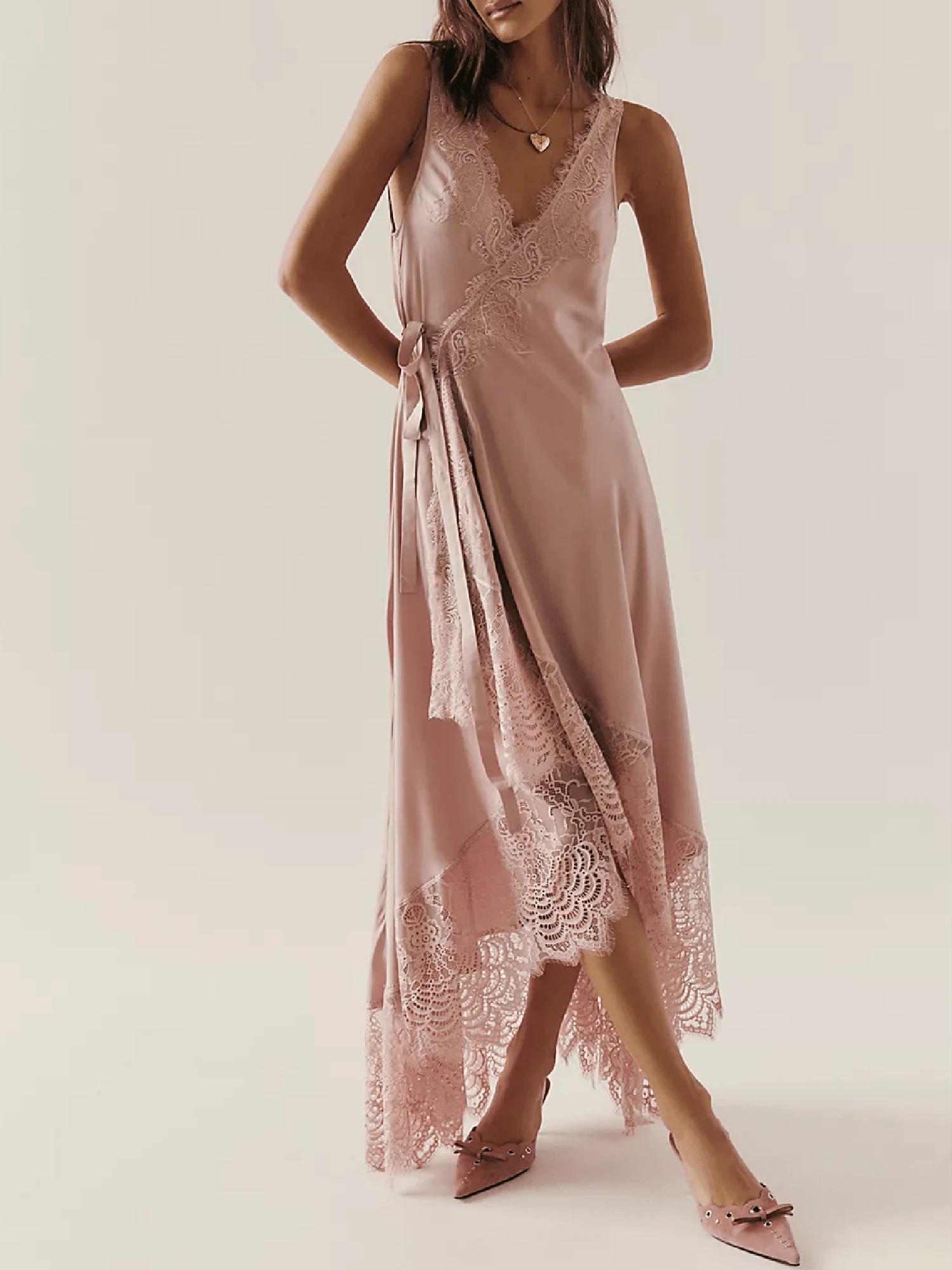 Womens Free  Lace Patchwork Long Maxi Wrap Dress People FP  Y2k Aesthetic Summer Teen Girls Flowy Swing Going Out Boho Coquette Drop - 粉色 - 查看 1