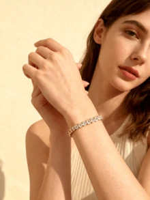 银色莫桑石网球手链，18K 镀白金 3 毫米圆形莫桑石网球手链 6.5-8.5 英寸 - 金色 - 查看 1