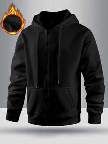 1pc Men's Thick Hoodie Sweatshirt For Autumn/Winter, Casual Sports Outdoor Pullover Hooded Sweatshirt, Loose Fit, Suitable For Home & Outdoor Activities, Can Be Couples Gift, 100% Polyester Material, With Drawstring Hood, Multiple Colors Available, Long Sleeve Top - Black - View 3