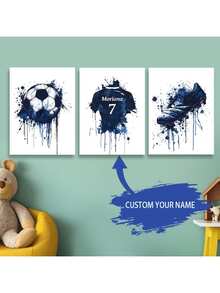 3件套可定制足球守门员帆布艺术画套装 - 无框足球海报，印有球衣图案，是青少年房间、客厅、走廊、家居装饰的理想之选，2026年世界杯 - 藍色 - 查看 11