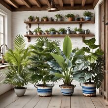 4件套人造大型植物组合 - 包含多种叶片，适合户外使用 - 宽叶热带雨林装饰，圣诞棕榈树，四季皆宜的室内/室外盆栽植物，适用于婚礼、办公室、酒店、花园、摄影、北欧风格仿真树、圣诞节、感恩节、装饰、落地式、绿叶、抗紫外线、低维护摄影道具 - 綠色 - 查看 2