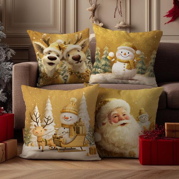 4pcs Christmas Gold Cute Snowman, Reindeer And Santa Claus Pillow Cover Set, Single-Sided Printed Plush Polyester Material, 45*45/50*50*40*40CM Cushion Cover For Modern Fabric Sofa Indoor Decor, Party Decoration, Gift