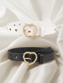 2pcs Kids Combo Waist Belt With Heart Shaped Buckle, Hollow PU Waist Belt For Jeans, Dresses, Student Waist Belt - Black and White - View 8