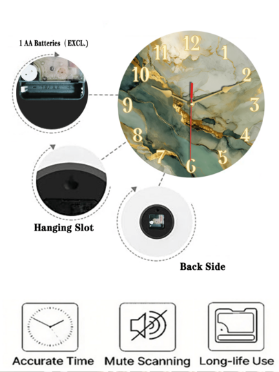 Pc 10 Inch/12 Inch Silent Non Ticking Wooden Wand Clock, Round Abstract Marble Texture Goud ation, Battery Operated (AA Batteries Not Included), Dining Room, Hallway, Study, Home Office, Balcony Klok Living Room view 5
