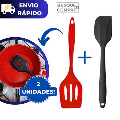 Espatula Reta de Silicone + Espatula de Silicone Vazada Vermelha e Preta para Feijão e Carne para Cozinha