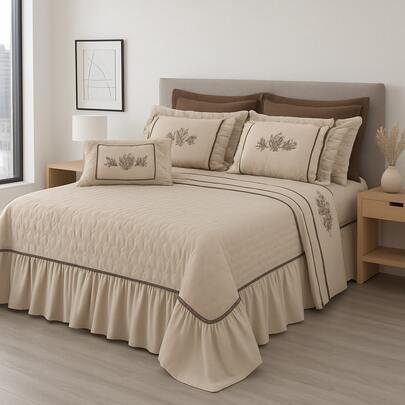 Cobre-Leito Queen Bordado com Almofadas – Microfibra 100% Poliéster, Leve e Toque Suave