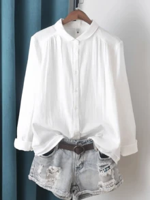 Plus Size White Long Sleeve Stand Collar Button-Up Shirt, Front Pleated Detail, Woven Fabric, Regular Fit