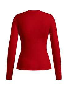 Playera camiseta gráfica dama mujer manga larga cuello redondo básica cómoda fresca ligera moderna juvenil casual estampado navidad navideño santa claus reno regalos lazo moño invierno polo norte - Rojo - Ver 3