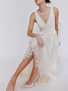 Womens Free  Lace Patchwork Long Maxi Wrap Dress People FP  Y2k Aesthetic Summer Teen Girls Flowy Swing Going Out Boho Coquette Drop - trắng - Xem 3