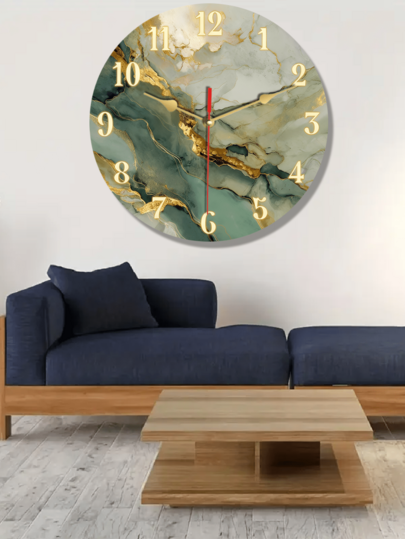 Pc 10 Inch/12 Inch Silent Non Ticking Wooden Wand Clock, Round Abstract Marble Texture Goud ation, Battery Operated (AA Batteries Not Included), Dining Room, Hallway, Study, Home Office, Balcony Klok Living Room view 2