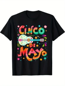 Camiseta de Hombre Estampada con Diseño Festivo Cinco de Mayo Guitarra y Flores Coloridas,Ideal para Celebraciones Mexicanas y un Look Casual con Estilo. - Negro - Ver 1