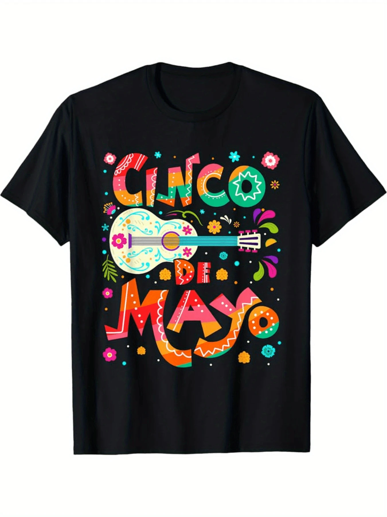 Camiseta de Hombre Estampada con Diseño Festivo Cinco de Mayo Guitarra y Flores Coloridas,Ideal para Celebraciones Mexicanas y un Look Casual con Estilo. - Negro - Ver 1