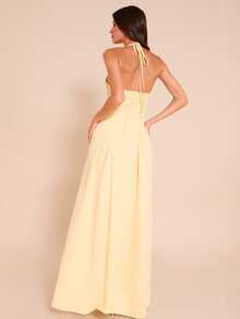 优雅性感深V露背派对礼服、圣诞派对礼服、伴娘礼服 - 黃色 - 查看 2