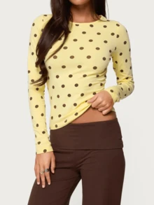 Polka Dot Tops For Women Y2K Long Sleeve Crop Top Ladybug Costume Vintage Cute Slim Fit Crew Neck Shirt Going Out Streetwear - Màu vàng - Xem 1