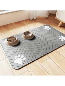 1 pieza Estera absorbente y antifugas para alimentación de perros y gatos con diseño de espiguilla y huella, de secado rápido y fácil de limpiar, ideal como regalo para amantes de perros y gatos, en color negro