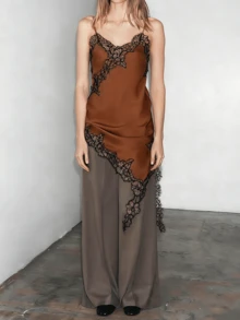 Women's Lace Trim Asymmetrical Camisole Spaghetti Strap V - Neck Satin Tank Top Casual Party Wear - Brown - View 3