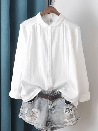 Plus Size White Long Sleeve Stand Collar Button-Up Shirt, Front Pleated Detail, Woven Fabric, Regular Fit