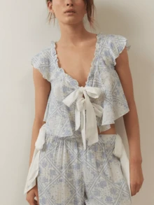 Women Y2K Floral 2Pcs Pajamas Set Ruffled V Neck Cap Sleeve Bow Tie Front Shirts Crop Tops And Side Bow Elastic Wide Leg Pants Sets Summer Fall Pj Sleepwear Loungewear Cute Two Pieces Pjs Matching Outfits - 藍白色 - 查看 5