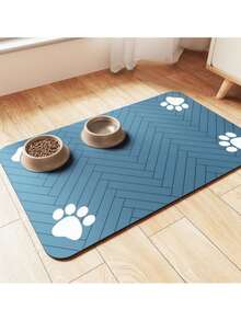 1 pieza Estera absorbente y antifugas para alimentación de perros y gatos con diseño de espiguilla y huella, de secado rápido y fácil de limpiar, ideal como regalo para amantes de perros y gatos, en color negro