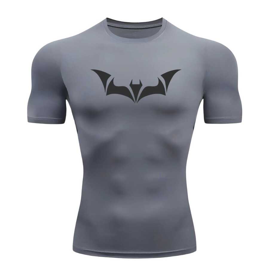 RASH GUARD SHIRT COMPRESSION T-SHIRT BAT 4 SHORT SLEEVE WORKOUT GYM - Grey - View 1