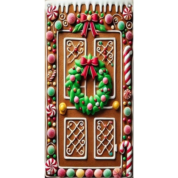 Christmas Gingerbread House Door Banner - Festive Candy & Wreath Design, Indoor/Outdoor Holiday Decor, Fits Standard Doors 71x35 Inch, No Power Needed