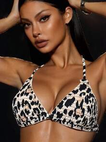 Swim SXY Women's Leopard Print Halter Neck Tie Bikini Top For Sexy Beach Vacation Summer - Multicolor - View 4