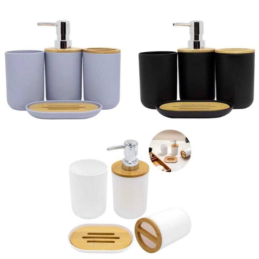 Bamboo Bathroom Kit 4 Pieces Wooden Plastic Lavatory Accessories Bamboo Set Luxury Soap Holder For Wood Sink - Nhiều màu - 4 miếng - Xem 1