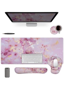A Set 4pcs Large Ergonomic XXL Marble Desk Mat Set - Extended Gaming Mouse Pad, Keyboard Wrist Rest Support, Coaster - Non-Slip Base, Stitched Edge - Easy Typing, Pain Relief - (35.4*15.7 In) - For Office, Home, Computer, Laptop - Multicolor - View 12