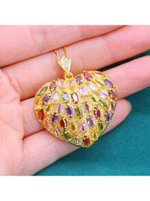 قلادة علّاقة مزخرفة فاخرة متعددة الألوان من الزركونيا المكعبة - مطلية بالذهب عيار 18 قيراط - بتصميم قلب - مثالية كهدية للأعراس وعيد الحب