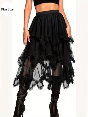 Asymmetrisk mesh tyll puffkjol, resår i midjan, medellångt, elegant hög midja, bantande asymmetrisk meshkjol, älvklänning