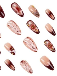 Sanrio Mejora instantáneamente tu apariencia con este juego completo de 24 uñas postizas de almendra de tamaño mediano. Combina un estilo vintage, elegante, hermoso, moderno, casual y fresco, con una variedad de diseños exquisitos: patrones de flores punteadas en degradado burdeos y blanco en 3D, decoraciones con cuentas doradas, rhinestones y perlas falsas.