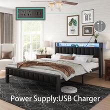 LED Platform Bed Frame With 2-Tier Storage Space And Charging Station, Faux Leather Bed With Noise-Free Design, No Box Spring Needed, Black - 查看 10
