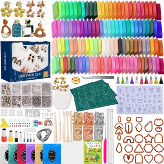 Polymer Clay Baking Modeling Clay Set With Sculpting Tools, Cutting Board, Art Supplies, Random Tassels, Leather Cord Necklace, Decorative Glitter, Gold Foil Paper, Beading Crystal String, Elastic Cord, Clay Stand Metal Wire, Baking Molds, Silicone Molds, DIY Jewelry Accessories Including Lobster Clasp, Jump Rings, 9-Shape Pins, Sheep Eyes, Beads, Alligator Clips