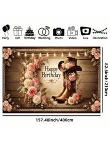 1 pieza Pancarta de fondo con botas de vaquero estilo occidental, hecha de poliéster, sombrero de vaquero floral, grano de madera vintage, flores rosas y blancas con follaje verde, texto de feliz cumpleaños, decoración para fiesta de boda campestre, telón de fondo para fotografía, decoración para eventos interiores y exteriores, accesorios para photocall, reutilizable, lavable, durable - Multicolor - Ver 14