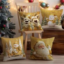 4pcs Christmas Gold Cute Snowman, Reindeer And Santa Claus Pillow Cover Set, Single-Sided Printed Plush Polyester Material, 45*45/50*50*40*40CM Cushion Cover For Modern Fabric Sofa Indoor Decor, Party Decoration, Gift