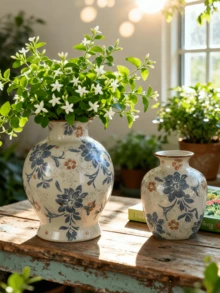 1 pieza Jarrón de cerámica vintage azul y blanco pintado a mano - Decorado con un patrón floral de cabaña rural, adecuado para arreglos florales, perfecto como acento para la decoración del hogar en estilo bohemio. Ideal para exhibiciones florales en la sala de estar, mesa de comedor, estudio, oficina, alféizar de la ventana, bodas y talla grande. - multicolor - Ver 3