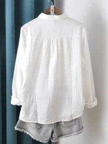 Plus Size White Long Sleeve Stand Collar Button-Up Shirt, Front Pleated Detail, Woven Fabric, Regular Fit