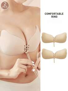 2对（杏色+黑色）抽绳可调节聚拢硅胶隐形文胸贴女无肩带内衣女士防下垂胸垫小胸加厚聚拢胸贴吊带裙婚纱 - 杏色 - 查看 2