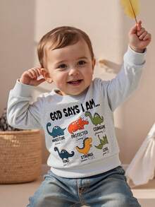 Sudadera de otoño para niño pequeño con estampado de dinosaurio y letras, manga larga, cuello redondo, blusa holgada - Gris - Ver 7