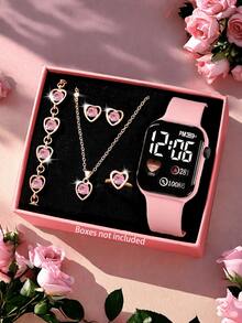 时尚 6 件水钻首饰套装，女士粉色 PVC 表带时尚方形表盘数字手表和心形水钻首饰项链/适合日常佩戴，情人节礼物 - 粉色 - 查看 3