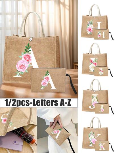 Lniana torebka z inicjałami od A do Z oraz wzorem różowo-białych róż, zestaw dwóch części, torba podróżna, portfel na kosmetyki, kosmetyczka o dużej pojemności, wielofunkcyjna torba dla nauczyciela, prezent dla kobiet, prezent na Dzień Nauczyciela, torebka do przechowywania rzeczy w czasie wolnym, torba na zakupy, nowy design, idealna na zakupy, torebka, torba na lunch, nadaje się do codziennego użytku, na randki, urodziny, święta