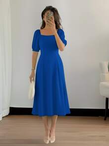 Milimetrica Vestido Midi Feminino Gravida Soltinho Elegante Com Manga Princesa Evangélico Congregar - Azul Royal - Visão 2