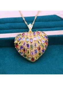 قلادة علّاقة مزخرفة فاخرة متعددة الألوان من الزركونيا المكعبة - مطلية بالذهب عيار 18 قيراط - بتصميم قلب - مثالية كهدية للأعراس وعيد الحب