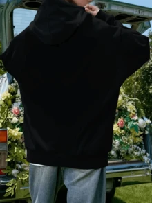 Spider Flower Bouquet Plant Lover Floral Pattern Design Pullover Hoodie, Unisex Casual Hooded Sweatshirt - 黑色 - 查看 2