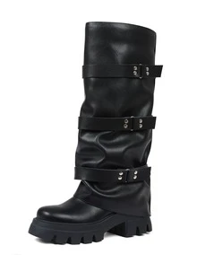 Punk Women's Combat Boots Knee High Round Toe Straps Pull On Wide Calf Pleated Loose Thick Sole Motorcycle Boots Outdoors Cosplay Dressy Slouchy Long Boots - 黑色 - 查看 10