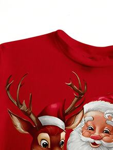 Playera camiseta gráfica dama mujer manga larga cuello redondo básica cómoda fresca ligera moderna juvenil casual estampado navidad navideño santa claus reno regalos lazo moño invierno polo norte - Rojo - Ver 6